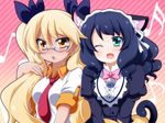  ;d animal_ears bell black_hair blonde_hair blush cat_ears cat_tail commentary curly_hair cyan_(show_by_rock!!) dog_tail fang glasses green_eyes hair_ribbon hairband highres long_hair looking_at_another looking_at_viewer multiple_girls necktie oborotsuki_kakeru one_eye_closed open_mouth red_neckwear retoree ribbon short_hair show_by_rock!! simple_background smile striped striped_background tail tareme tsurime twintails very_long_hair yellow_eyes yuri 