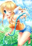  ;d bangs bare_arms bare_shoulders barefoot blonde_hair blue_eyes blue_shorts blue_sky blush bow bracelet breasts bush character_request cloud cloudy_sky day denim denim_shorts eyebrows_visible_through_hair fingernails gem hair_bow hair_ornament hair_ribbon hairclip highres holding_hose hose jewelry leaning_forward leg_up long_hair looking_at_viewer medium_breasts midriff navel no_socks one_eye_closed open_mouth orange_shirt outdoors plant ribbon sandals sapphire_(stone) shirt shorts sky sleeveless smile solo spaghetti_strap sparkle splashing tank_top ueno_tsuki water water_drop x_hair_ornament 