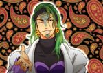  ;) bad_id bad_pixiv_id earrings floral_background green_hair grin hair_down headband jewelry jojo_no_kimyou_na_bouken long_hair long_sleeves looking_at_viewer male_focus one_eye_closed outline outstretched_hand paisley red_eyes smile solo tanakaoften tattoo terence_trent_d'arby turtleneck upper_body 