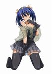  bashoku_youjou blue_hair blush breasts cleavage curvy female full_body hair_ornament hair_ribbon ikkitousen kneeling large_breasts legs looking_at_viewer purple_eyes ribbon short_twintails smile solo thick_thighs thighhighs twintails wide_hips 