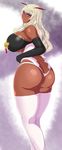  absurdres ass blue_eyes breast_rings breasts butt_crack curly_hair dark_skin elbow_gloves from_behind gloves highres huge_ass huge_breasts itou_ittousai_(sengoku_bushouki_muramasa) light_smile lips long_hair looking_at_viewer looking_back morisoba_(silent_hill) pink_legwear purple_eyes sengoku_bushouki_muramasa solo thick_thighs thighhighs thighs 