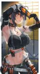  1girl absurdres arm_pouch armpits arms_up asymmetrical_gloves belt black_gloves black_hair black_pants black_sports_bra border breasts crop_top fingerless_gloves fishnet_gloves fishnets gloves goggles goggles_on_head grace_howard grey_belt hair_up highres large_breasts light_particles midriff mismatched_gloves navel ninebell orange_eyes pants sidelocks single_fingerless_glove solo sports_bra stomach sweat sweaty_armpits white_border white_gloves zenless_zone_zero zipper_top 
