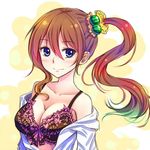  blue_eyes blush bow bra breasts brown_hair cleavage collarbone food fruit hair_ornament large_breasts long_hair looking_at_viewer off_shoulder open_clothes open_shirt original shirt side_ponytail smile solo suikakitsu_shiro underwear watermelon xia_you_qing 