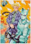  1boy 2others abs absurdres animal_ears argyle_clothes argyle_necktie black_gloves black_necktie blonde_hair cat_ears cloud cloudy_sky colored_sclera colored_skin crossed_arms diamond_wa_kudakenai gloves green_shirt green_skin highres jacket jojo_no_kimyou_na_bouken killer_queen kira_yoshikage looking_at_viewer male_focus multiple_others necktie open_clothes open_jacket painting_(medium) pants pink_sclera purple_eyes purple_necktie purple_pants purple_suit sheer_heart_attack shirt sky slit_pupils stand_(jojo) striped_clothes striped_shirt suit traditional_media upper_body watercolor_(medium) xfkart yellow_shirt yellow_sky 