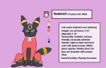 clothed clothing coat digitigrade eeveelution english_text eyewear feral frilly galathebre_(artist) generation_2_pokemon glasses jabot male musician nintendo pokemon pokemon_(species) purple_eyes red_clothing red_coat red_topwear reference_guide roderich_salzburg simple_background solo text topwear umbreon wearing_glasses