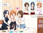  3girls absurdres black_hair blue_eyes blush book bookshelf bra brown_hair commission embarrassed genderswap genderswap_(mtf) glasses green_eyes gym_uniform highres multiple_girls open_mouth original panties pantyshot ribbon sashimi_(hitocelll) school_uniform side_ponytail skirt sports_bra sweat translated underwear undressing 
