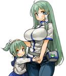  ahoge blue_eyes blue_pants blush breasts fanny_pack frog green_hair hair_ornament hair_tubes hand_on_another's_head holding_hands kochiya_sanae large_breasts long_hair mother_and_daughter multiple_girls pants sachito short_ponytail simple_background smile snake_hair_ornament thigh_gap touhou very_long_hair white_background 