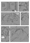 alphasabre anthro ball_growth balls_outline bed_sheet bedding bedroom big_penis body_growth body_modification bulge canid canine comic detailed_bulge dialogue fox genital_growth genital_outline genitals growth growth_lines hi_res male mammal monochrome muscle_growth penis penis_growth penis_outline sleeping solo speech_bubble transformation