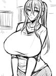  breasts character_request greyscale huge_breasts light_smile looking_at_viewer megane_man monochrome ponytail solo v_arms 