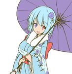  blue_eyes blue_hair blush garasuita heterochromia karakasa_obake open_mouth red_eyes short_hair sketch smile solo tatara_kogasa touhou umbrella 