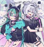  2girls :d aqua_eyes aqua_hair bandaid bandaid_on_leg black_hair blush breasts cross-shaped_pupils earrings electric_guitar elira_pendora elira_pendora_(goth) fang finana_ryugu finana_ryugu_(jirai_kei) fins fish_bone_hair_ornament glasses grey_hair guitar head_fins head_wings heterochromia highres holding holding_guitar holding_instrument holding_microphone holding_microphone_stand holding_plectrum instrument jewelry large_breasts lazulight long_hair looking_at_viewer maid_headdress microphone microphone_stand multicolored_hair multiple_girls nijisanji nijisanji_en pink_hair pleated_skirt plectrum purple_eyes scales skindentation skirt smile streaked_hair symbol-shaped_pupils thigh_strap very_long_hair virtual_youtuber waka_(wk4444) wings zoom_layer 