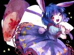  1girl animal_ears blood blue_dress blue_hair blush bunny_ears bunny_tail dress hammer looking_at_viewer low_twintails one_eye_closed open_mouth puffy_short_sleeves puffy_sleeves red_eyes sanso seiran_(touhou) short_hair short_sleeves smile solo stain star star-shaped_pupils symbol-shaped_pupils tail touhou twintails 