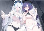  2girls areola_slip averting_eyes bathroom bikini black_bikini blue_archive blue_eyes blush breast_press breasts cleavage collarbone commentary cowboy_shot embarrassed frilled_bikini frills grabbing_another&#039;s_breast groping hair_intakes halo hand_up huge_breasts long_hair looking_at_viewer mechanical_halo millennium_science_school_logo multi-strapped_bikini_bottom multiple_girls navel noa_(blue_archive) open_mouth purple_eyes purple_hair shower_(place) shower_head side-tie_bikini_bottom smile sparkle sparkling_aura stomach string_bikini swimsuit symmetrical_docking towel underboob unfinished white_bikini white_hair xiujia_yihuizi yuuka_(blue_archive) 