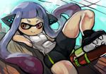  arm_behind_head bike_shorts domino_mask inkling lavender_hair long_hair lying mask on_back red_eyes shirt shoes smile solo splatoon_(series) splatoon_1 super_soaker tentacle_hair toi_(toiot) white_shirt 