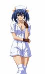  bashoku_youjou blue_hair breasts cleavage female hair_ribbon ikkitousen large_breasts legs looking_at_viewer nurse purple_eyes ribbon short_twintails smile solo standing twintails 