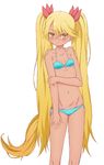  1girl bikini blonde_hair blue_bikini blush breasts dog_tail glasses highres long_hair retoree show_by_rock!! simple_background small_breasts solo swimsuit tail twintails very_long_hair white_background yellow_eyes 