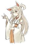  animal_ears bad_id bad_twitter_id bare_shoulders fox_ears fox_shadow_puppet hair_between_eyes hair_bobbles hair_ornament hakama japanese_clothes open_mouth original red_hakama senhappyaku short_ponytail simple_background sketch solo white_background white_hair yellow_eyes 