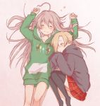  2girls a_ichi ahoge arms_up asymmetrical_hair bangs bare_legs black_hoodie black_legwear blonde_hair blush bow braid commentary dot_nose eyebrows_visible_through_hair fetal_position food_print green_hoodie grey_eyes grey_hair hair_bow hair_over_one_eye hood hood_down hoodie hoshi_shouko idolmaster idolmaster_cinderella_girls long_sleeves lying multiple_girls mushroom_print no_earrings on_back on_floor on_side pleated_skirt red_skirt short_hair simple_background single_braid skirt sleeping sleeves_past_wrists thighhighs 