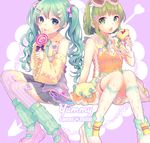  animal_print aqua_eyes aqua_hair aqua_legwear bow_legwear bunny_print candy carrot_print crepe detached_sleeves food food_print frilled_sleeves frills goggles goggles_on_head green_eyes green_hair gumi hair_ornament hair_ribbon hairclip hatsune_miku kneehighs leg_warmers lollipop long_hair looking_at_viewer mary_janes multicolored multicolored_nails multiple_girls nail_polish necktie open_mouth print_legwear purple_legwear ribbon shiki_hinako shoes sitting skirt socks striped striped_legwear swirl_lollipop thighhighs twintails vertical-striped_legwear vertical_stripes vocaloid 