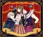  2boys adamas_(jewelic_nightmare) alexandrite_(stone) bad_id bad_pixiv_id black_gloves blazer blonde_hair blue_eyes brown_gloves brown_hair brown_skirt cape chain choker crescent crescent_hair_ornament curtains emerald fur_trim gem gloves grin hair_ornament jacket jewelic_nightmare miri1120 multiple_boys object_namesake orange_eyes pleated_skirt red_eyes red_hair ru_(jewelic_nightmare) ruby_(stone) sapphire_(stone) school_uniform shirt short_hair skirt sleeveless sleeveless_shirt smile sumeragi_seiichirou togari_kou tsukishiro_michiru 