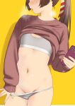  1girl blue_eyes blush bra breasts breath brown_hair cellphone clothes_lift commentary_request cowboy_shot grey_bra grey_panties hair_ribbon high_ponytail holding holding_phone iphone kantai_collection kazagumo_(kancolle) long_hair long_sleeves looking_to_the_side navel open_mouth panties panty_pull phone ponytail red_ribbon red_sweater ribbon sakiecho sidelocks simple_background skindentation small_breasts smartphone solo stomach striped_ribbon sweater sweater_lift teeth training_bra underwear upper_teeth_only white_ribbon yellow_background 