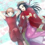  2girls bangs black_hair blue_eyes blush bun_cover capri_pants chinese_clothes da_raku dated double_bun eyebrows_visible_through_hair gintama grin hair_ornament haori japanese_clothes kagura_(gintama) kimono legs_crossed long_hair lying multiple_girls obi on_back on_side open_mouth orange_hair pants sash short_hair short_sleeves smile tokugawa_soyo wide_sleeves 