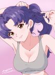  absurdres armpits bra breasts brown_eyes cleavage commentary dated earrings grey_bra hands_in_own_hair head_tilt highres jewelry katsuragi_misato large_breasts light_blush light_smile long_hair looking_at_viewer neon_genesis_evangelion pink_background ponytail purple_hair signature sports_bra tsunemoku underwear upper_body 