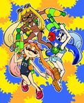  bikini blonde_hair blue_hair crocs dark_skin domino_mask eyewear_on_head flower frilled_bikini frills goggles goggles_on_head grin hair_flower hair_ornament hibiscus inkling mask multiple_girls orange_eyes orange_hair paint_splatter pointy_ears sandals school_swimsuit side-tie_bikini smile splatoon_(series) splatoon_1 splattershot_(splatoon) sunglasses super_soaker swimsuit tentacle_hair tentacles yanagida_fumita yellow_eyes 