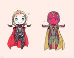  :&gt; :| ? android armor avengers:_age_of_ultron blonde_hair blue_eyes bukimin chibi closed_mouth leg_up male_focus marvel multiple_boys outstretched_arms superhero thor_(marvel) vision_(marvel) wrist_cuffs 