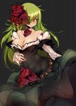  bad_id bad_tumblr_id bare_shoulders black_background black_dress breasts cleavage dress flower green_eyes green_hair hair_flower hair_ornament hair_over_one_eye highres large_breasts long_hair rose slugbox solo strapless strapless_dress 