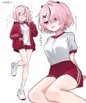  1girl absurdres black_choker choker commentary_request covered_eyes hair_between_eyes hair_over_eyes highres looking_at_viewer medium_hair original pink_eyes pink_hair red_shorts red_track_jacket shirt short_shorts shorts socks thighs waka_(wk4444) white_shirt white_socks 