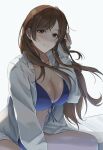  1girl absurdres bikini bikini_under_clothes blue_bikini blush breasts cleavage collarbone commentary_request daiko_(dai1974910) floating_hair front-tie_bikini_top front-tie_top highres idolmaster idolmaster_cinderella_girls jacket jacket_over_swimsuit large_breasts long_hair looking_at_viewer nitta_minami open_clothes open_jacket sitting smile solo swimsuit thighs very_long_hair white_background white_jacket 