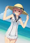  :&lt; adapted_costume bangs bare_legs bare_shoulders beach blue_sky blunt_bangs bow brown_eyes brown_hair cloud collarbone cowboy_shot day dress hat hat_bow kantai_collection looking_at_viewer md5_mismatch neckerchief ocean outdoors sailor_collar sailor_dress seatollead sky solo sun_hat white_dress z3_max_schultz_(kantai_collection) 