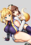  animal_ears ass bangs blonde_hair blue_eyes blush bol_(liliymimi) breasts brown_eyes dog_days fingerless_gloves fox_ears fox_tail gloves grey_background highres japanese_clothes kantai_collection large_breasts long_hair looking_at_viewer multiple_girls namesake open_mouth panties ponytail purple_legwear smile tail thighhighs underwear white_panties yukikaze_(kantai_collection) yukikaze_panettone 