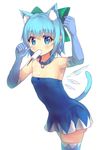  adapted_costume animal_ears bell bell_collar blue_dress blue_eyes blue_gloves blue_hair bow cat_ears cat_tail cirno collar cowboy_shot culter dress dripping elbow_gloves eyelashes food gloves hair_bow ice jingle_bell kemonomimi_mode looking_at_viewer melting popsicle sexually_suggestive short_dress short_hair simple_background solo strapless strapless_dress tail thighhighs touhou white_background wings zettai_ryouiki 