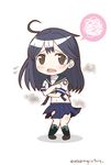  ahoge black_eyes black_hair burnt_clothes chibi covering flying_sweatdrops highres kantai_collection kneehighs long_hair looking_at_viewer mae_(maesanpicture) midriff navel pleated_skirt school_uniform serafuku short_hair skirt solo tears twitter_username ushio_(kantai_collection) 