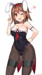 alternate_costume animal_ears armband ascot bare_shoulders blush breasts brown_eyes brown_hair bunny_ears bunny_girl bunnysuit cameltoe cleavage covered_nipples hairband heart highres image_sample kantai_collection kuro_chairo_no_neko large_breasts one_eye_closed open_mouth pantyhose pointing pointing_up red_hairband shiratsuyu_(kantai_collection) short_hair skin_tight solo twitter_sample white_background 