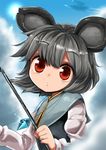  animal_ears blush capelet dowsing_rod grey_hair harusame_(unmei_no_ikasumi) jewelry mouse_ears nazrin pendant red_eyes short_hair solo touhou 