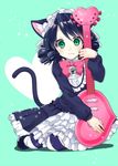  animal_ears bad_id bad_pixiv_id bell blue_hair blush bow bowtie cat_ears cat_tail curly_hair cyan_(show_by_rock!!) green_eyes guitar heart_guitar instrument looking_at_viewer m_0506 short_hair show_by_rock!! solo strawberry_heart striped striped_legwear tail thighhighs 