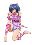  bare_shoulders barefoot bashoku_youjou blue_hair breasts cleavage feet female full_body hair_ribbon ikkitousen large_breasts purple_eyes ribbon short_twintails sitting smile solo toes twintails 