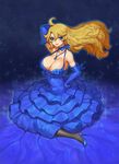  1girl bare_shoulders blonde_hair blue_eyes blush breasts cleavage dress female full_body gurimjang high_heels large_breasts long_hair looking_at_viewer sitting smile solo 