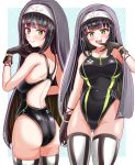  1girl absurdres arena_(company) ass black_gloves black_hair black_one-piece_swimsuit blunt_bangs breasts charomi coif competition_swimsuit gloves green_eyes highres hirado_motoe large_breasts long_hair looking_at_viewer multiple_views nun one-piece_swimsuit onsen_musume racerback striped_clothes striped_thighhighs swimsuit thighhighs upper_body veil white_thighhighs 