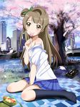  bare_shoulders blush bow brown_eyes brown_hair candy cherry_blossoms cityscape dress_shirt edogawakid food hair_bow highres lollipop long_hair love_live! love_live!_school_idol_project minami_kotori obentou off_shoulder petals picnic river shirt shoes_removed sitting skirt smile solo sparkle wariza 