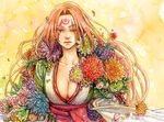 baiken breasts cleavage collarbone dahlia facial_mark flower guilty_gear hitsuki_(hiidukii) huge_breasts japanese_clothes kimono leaf lips long_hair obi one-eyed one_eye_closed petals pink_flower pink_hair pink_rose red_eyes rose sash scar scar_across_eye solo upper_body yellow_background 