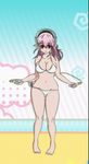  1girl animated animated_gif barefoot beach bikini bouncing_breasts breasts cleavage curvy female headphones jump_rope large_breasts long_hair pink_hair side-tie_bikini skipping_rope solo super_sonico swimsuit wide_hips 