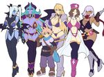  5girls breasts character_request cleavage copyright_request demon_girl gloves horns huge_breasts large_breasts long_hair looking_at_viewer megane_man multiple_girls nurse simple_background smile thighs white_gloves 