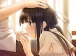  1girl black_hair blush fellatio game_cg hair_ribbon hand_on_head kasugano_haruka long_hair migiwa_kazuha oral penis profile purple_eyes ribbon school_uniform solo_focus suzuhira_hiro uncensored yosuga_no_sora 