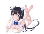  bad_id bad_pixiv_id bare_shoulders barefoot black_hair blue_eyes breasts cleavage dress dungeon_ni_deai_wo_motomeru_no_wa_machigatteiru_darou_ka feet full_body gloves hand_on_own_face hestia_(danmachi) large_breasts legs legs_up long_hair lying on_stomach plantar_flexion rei_no_himo ribbon seeker_(shzyu) simple_background soles solo the_pose toes twintails white_background 