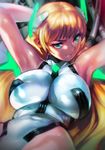  absurdres angela_balzac armpits arms_up blonde_hair blurry breasts chromatic_aberration covered_nipples green_eyes headgear highres huge_breasts leotard long_hair looking_at_viewer rakuen_tsuihou solo twintails yang-do 