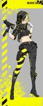  absurdres black_footwear black_hood boots full_body gloves gun highres holster kamezaemon knee_boots mac-11 midriff original pantyhose simple_background solo submachine_gun thigh_holster trigger_discipline weapon 